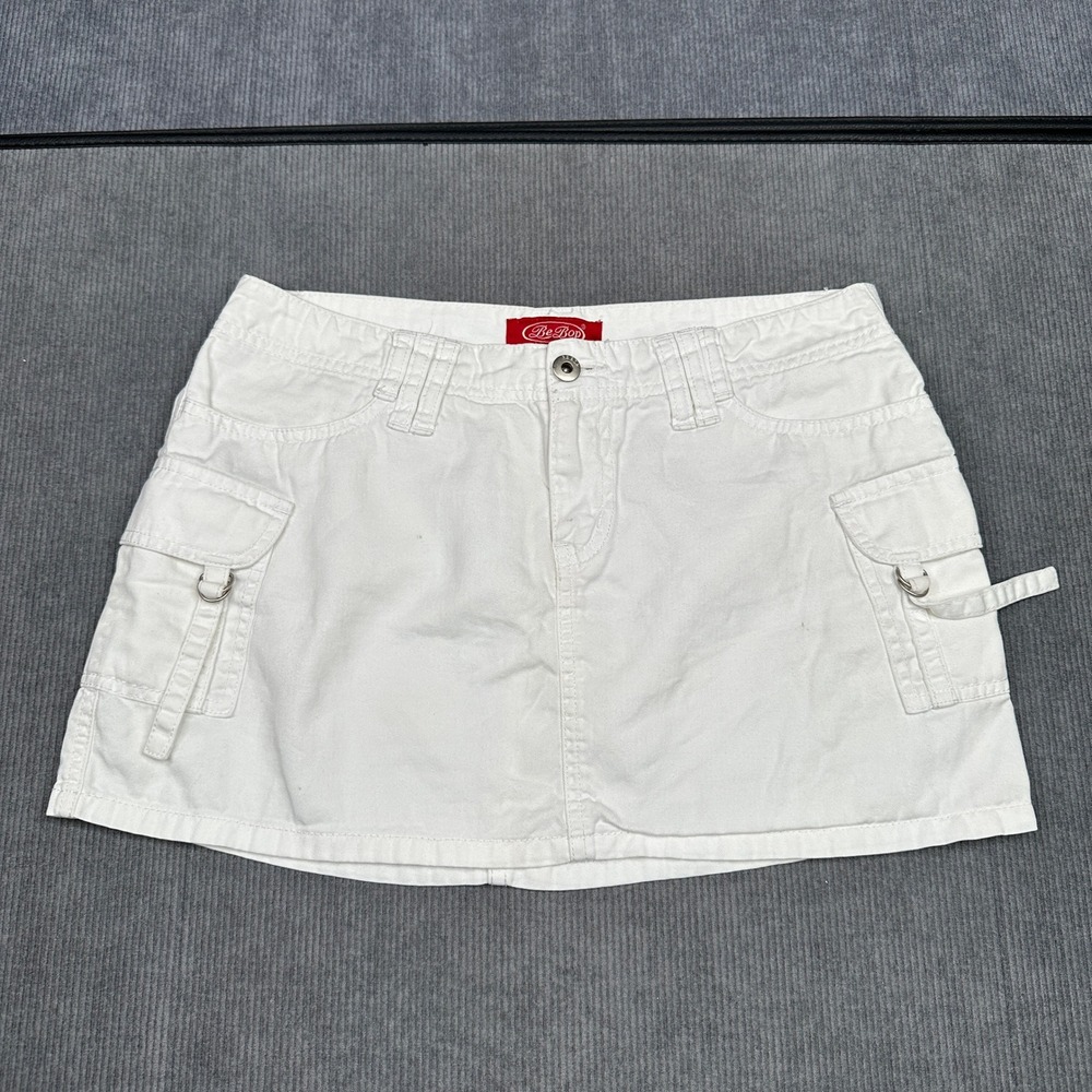White Denim Cargo Mini Skirt Y2K Utility D-Ring Pockets Size 7 Be Bop